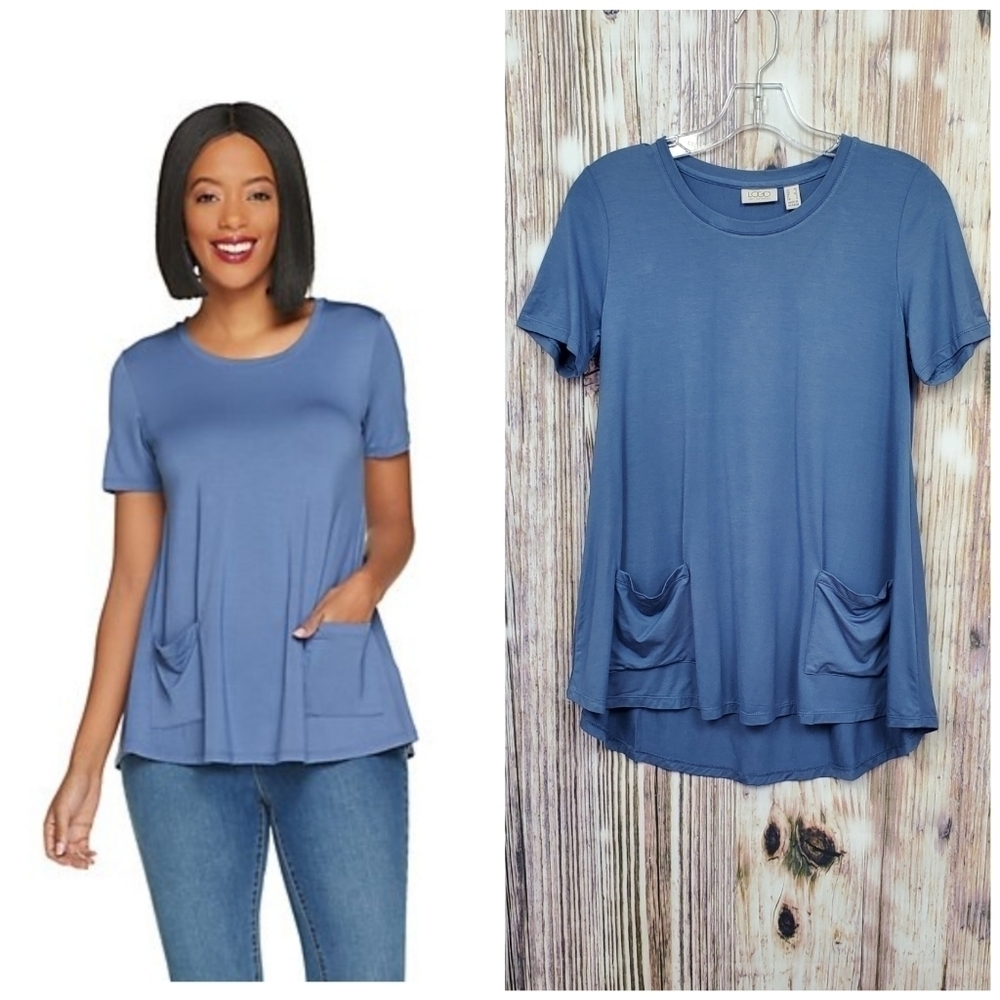 Logo Blue Knit Rayon 230 Hi Low Hem Pocket Top